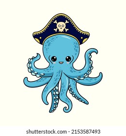 Funny blue octopus pirate in a pirate hat. Cartoon character on isolated background. Marine theme. For children's design of prints, posters, stickers, cards and so on. Vector