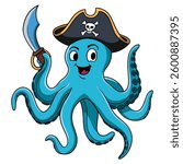 Funny blue octopus pirate wearing a pirate hat, cartoon character isolated on a white background. Perfect for marine themed children's designs, prints, posters, stickers, and cards.