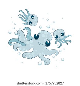 Funny blue octopuses. Cartoon. Vector illustration.