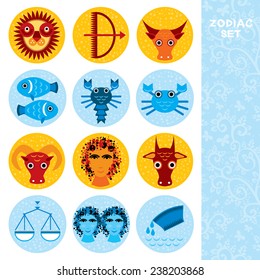 Funny blue and orange zodiac sign icon set astrological, vector