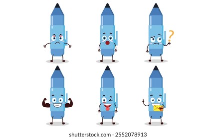 funny blue pen with different expressions character design illustration