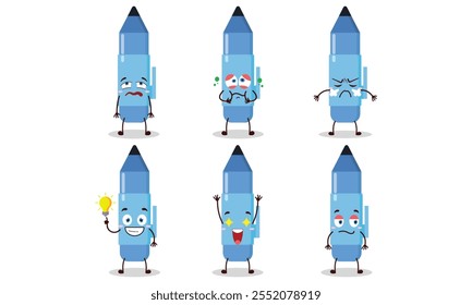 funny blue pen with various expressions design illustration