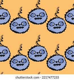 Funny blue pumpkins on orange background for Halloween background. Seamless vector pattern for festive scary party.