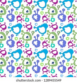 Funny blue and purple green bacteria, vector illustration, seamless pattern for printing on fabric, wallpaper. Figure cells of the body, hospital baby clothes