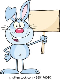 Funny Blue Rabbit Cartoon Character Holding A Wooden Board. Vector Illustration Isolated on white