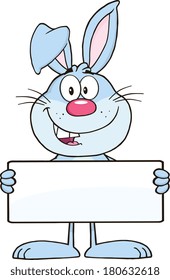 Funny Blue Rabbit Cartoon Character Holding A Banner. Vector Illustration Isolated on white