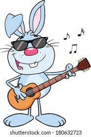 Funny Blue Rabbit With Sunglasses Playing A Guitar And Singing. Vector Illustration Isolated on white
