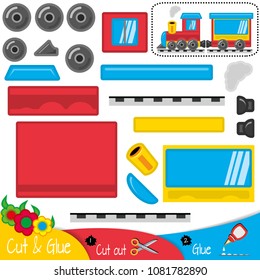 Funny blue red yellow train with wagon. Education paper game for preshool children. Vector illustration.