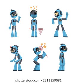 Funny Blue Robot Character Engaged in Different Activity Vector Set