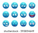 Funny blue round characters set. Cartoon emotion stickers on white background. Vector illustration.