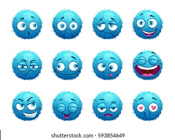 Funny Blue Round Characters Set. Cartoon Emotion Stickers On White Background. Vector Illustration.