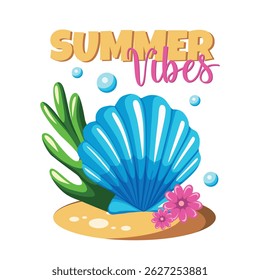 Funny blue seashell summer print with phrase “Summer Vibes”