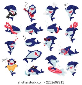 Funny Blue Shark with Fins and Toothy Mouth Engaged in Different Activity Big Vector Set