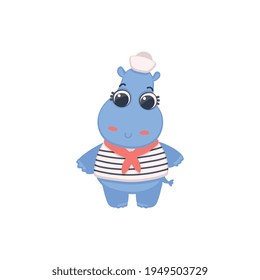 Funny blue skin hippo sailor cartoon character flat vector illustration isolated.