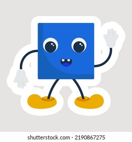 Funny Blue Square Cartoon Standing In Hand Up And Down Pose.
