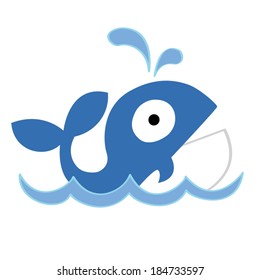 Funny blue whale. Cartoon vector illustrate