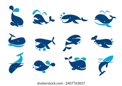 Divertidos íconos de ballena azul. Mascota o insignia de animales de la vida salvaje oceánica, ballena azul linda con una fuente y burbujas de aire iconos vectores. Colección de emblemas de la empresa, el oceanario o el club de buceo