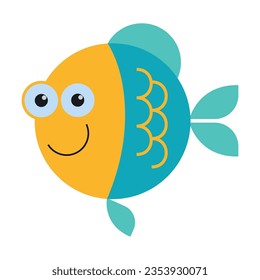 Funny blue and yellow river fish. Cute wild animal cartoon illustration. Underwater life concept. Colored flat vector isolated on white background