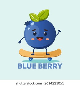 Funny blueberry cartoon character riding a skateboard. Promotes fun, healthy food, active lifestyle, and wellness with a playful style. Great for kids and healthy living visuals