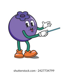 Funny Blueberry cartoon character, teaching or presenting. Berry mascot wearing glove and shoes. Blueberry Groovy Retro cartoon characters for icon, mascot, logo, label, poster, banner, print