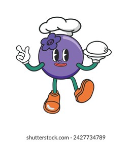 Funny Blueberry cartoon character, wearing chef hat, serving food. Berry mascot wearing glove and shoes. Blueberry Groovy Retro cartoon characters for icon, mascot, logo, label, poster, banner, print