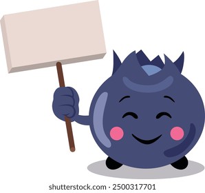 Funny blueberry character mascot holding a blank signboard