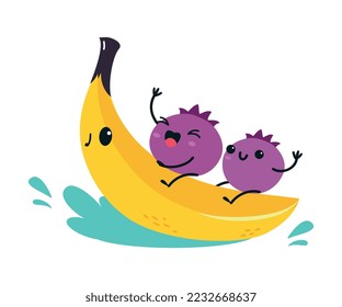 Gracioso Blueberry montando plátano en agua como personaje de frutas de verano disfrutando de vacaciones y teniendo una divertida ilustración vectorial