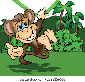Funny Blue-eyed Brown Monkey with Big Smile in a Jump - Colored Cartoon Illustration with Tropical Background, Vector
