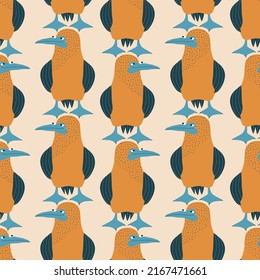 Funny blue-footed boobies hand drawn vector illustration. Cute colorful birds in flat style seamless pattern for kids fabric or wallpaper.