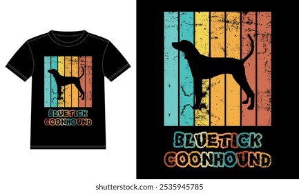 Engraçado Bluetick Coonhound Retro Vintage Sunset T-shirt Design template, Bluetick Coonhound a bordo, Adesivo de janela de carro, POD, capa, fundo branco isolado, Presente de Silhueta para Bluetick Lover