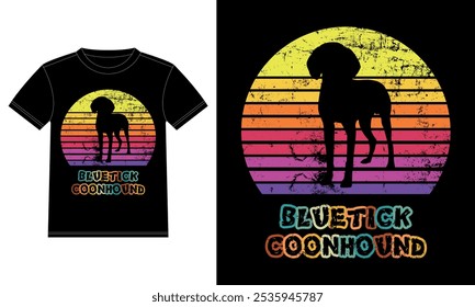 Funny Bluetick Coonhound Retro Antiguas Sunset Plantilla de diseño de camiseta, Bluetick Coonhound en el Tablero, etiqueta engomada de la ventana del coche, POD, cubierta, fondo blanco aislado, regalo de la silueta para el amante de Bluetick