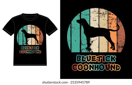 Engraçado Bluetick Coonhound Retro Vintage Sunset T-shirt Design template, Bluetick Coonhound a bordo, Adesivo de janela de carro, POD, capa, fundo branco isolado, Presente de Silhueta para Bluetick Lover