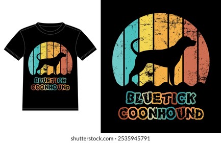 Funny Bluetick Coonhound Retro Antiguas Sunset Plantilla de diseño de camiseta, Bluetick Coonhound en el Tablero, etiqueta engomada de la ventana del coche, POD, cubierta, fondo blanco aislado, regalo de la silueta para el amante de Bluetick