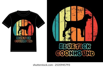 Engraçado Bluetick Coonhound Retro Vintage Sunset T-shirt Design template, Bluetick Coonhound a bordo, Adesivo de janela de carro, POD, capa, fundo branco isolado, Presente de Silhueta para Bluetick Lover