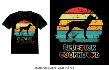 Funny Bluetick Coonhound Retro Antiguas Sunset Plantilla de diseño de camiseta, Bluetick Coonhound en el Tablero, etiqueta engomada de la ventana del coche, POD, cubierta, fondo blanco aislado, regalo de la silueta para el amante de Bluetick