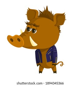 Funny boar in cartoon style and dressed in a Perfecto jacket. A wild animal stands on its hind legs. Character isolated on white background. Vector.