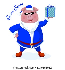 A funny boar in Santa's costume. Secret Santa. New Year`s vector illustration in a flat style. Isolated on white.