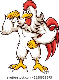 Engraçado halterofilista frango mascote flexão braço