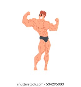 Funny Bodybuilder Man In Black Briefs On Steroids In Rear Double Biceps Pose. Smiling Character Demonstrating Muscles In Strongman Routine