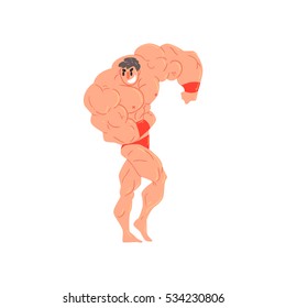 Funny Bodybuilder Man in roten Briefs und Schriften. Lächelnde Zeichen an Steroiden, die Muskeln im Strongman Routine-Strongman-Strongman zeigen