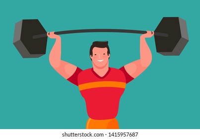 Funny bodybuilder raises heavy barbell. Gym vector illustration