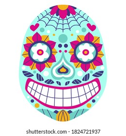 Funny bold colors calavera skull stock vector illustration. Smiling cartoon bright mexican sugar skull white isolated. Latino traditional cultural festival dia de muertos flat vector illustration.