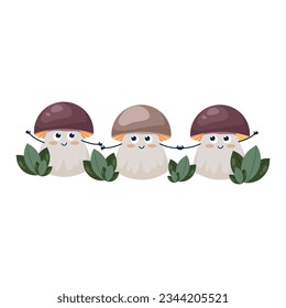 Funny boletus mushrooms with faces, children's cartoon character. Edible and inedible mushrooms, vector illustration.