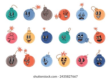 Personajes de bomba divertidos. Dibujos animados retro cómicos con emociones lindas, mascotas explosivas locas, armas redondas con mechas ardientes, caras felices enojadas y tristes, tnt redondo, vector aislado en conjunto plano de los años 60