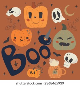 Funny boo Halloween vector collection with cute pumpkins  