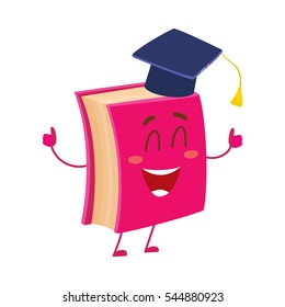 Funny book character in graduation cap showing thumbs up, cartoon vector illustration isolated on white background. Red book wearing graduation cap, eyes closed in happiness, school, education concept