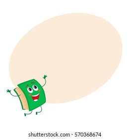 Funny book character jumping happily, celebrating success, cartoon vector on background with place for text. Green book jumping happily with hands up and wide smile, school, education concept