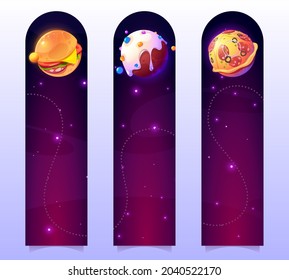 Funny bookmarks with food planets in outer space. Vector vertical banners with cartoon illustration of fantasy galaxy with spheres with pizza, burger and donut texture