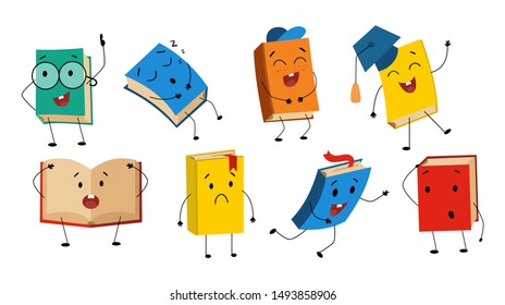 Funny books characters collection with different facial expression vector illustration. Set of cute humanized textbooks emoji representing various types of literature, kids and schoolastic