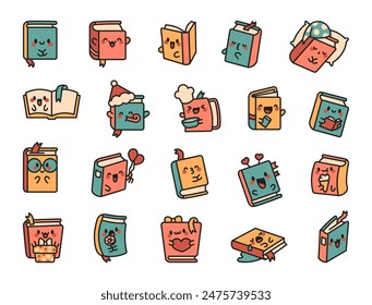 Funny books cute faces. Adorable cartoon characters. Hand drawn style. Vector drawing. Collection of design elements.